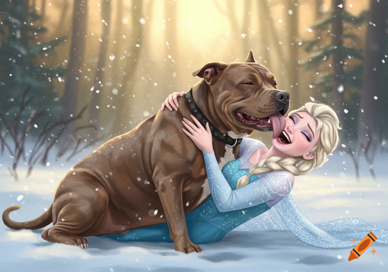 A cartoon image of a large brown Pitbull lying on Elsa from Frozen in a snowy forest, licking her face. Elsa laughs and hugs the dog.