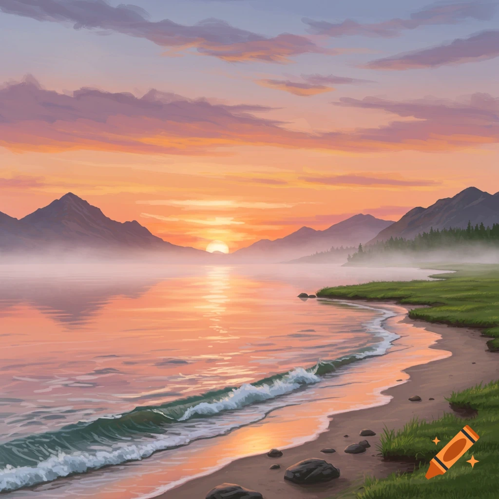 A painterly landscape of a lake at sunrise with mountains in the background and a sandy beach with gentle waves in the foreground.