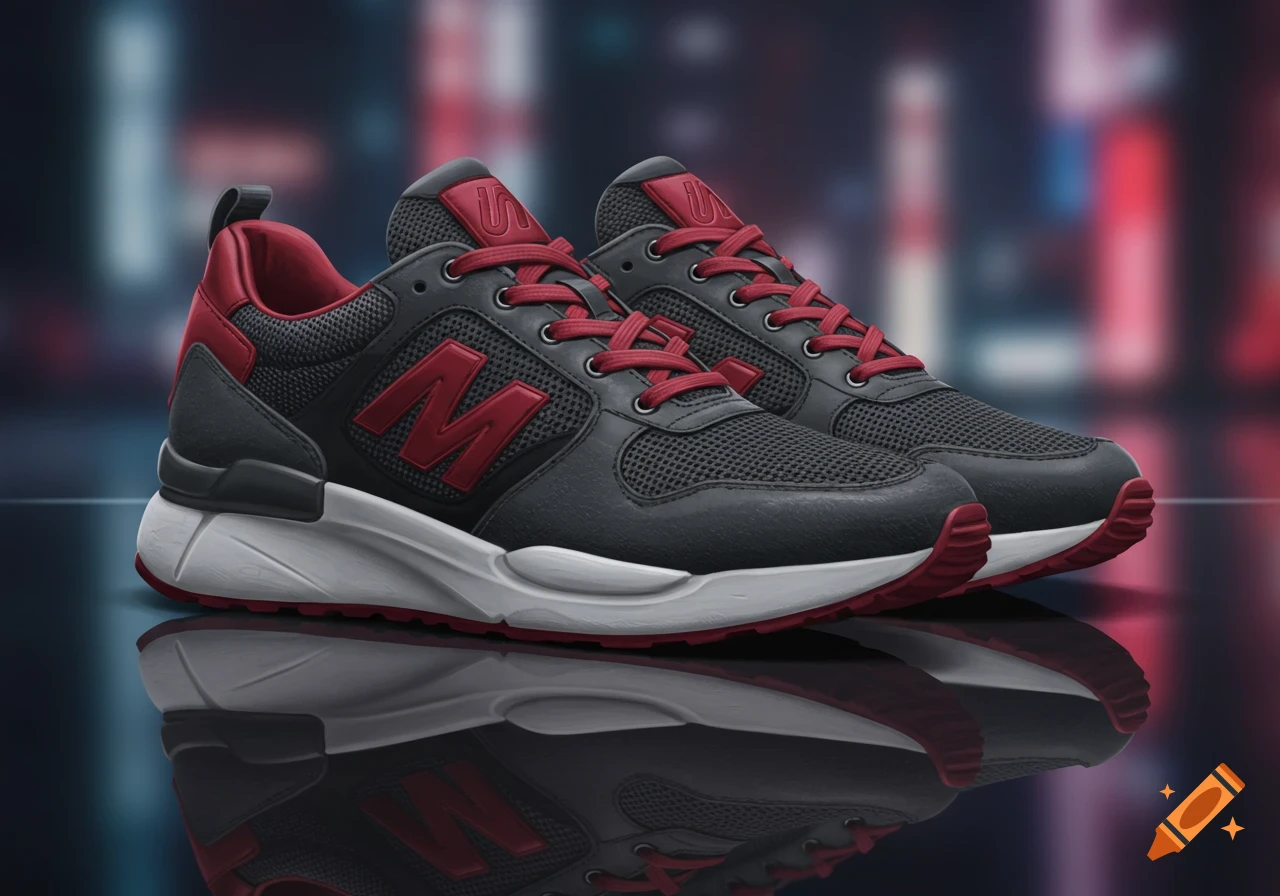 A pair of dark grey and red athletic sneakers with white soles, reflected on a shiny dark surface with blurred city lights in the background.