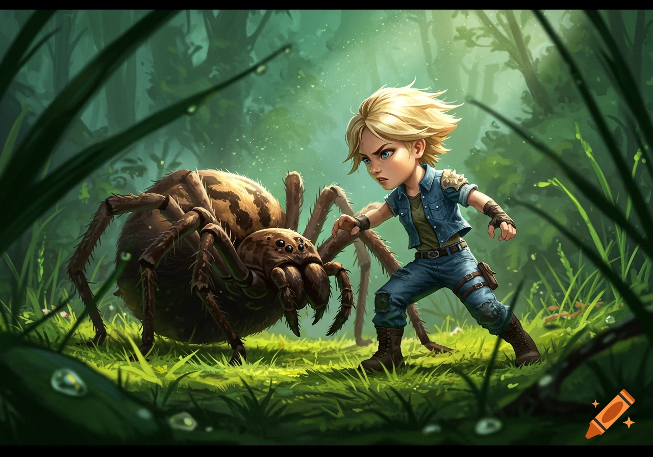 A blonde tomboy character confronts a large spider in a lush green forest, in a stylized illustration.
