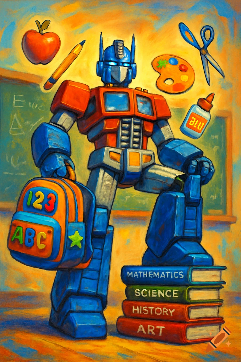 A colorful painting of Optimus Prime standing amidst school supplies, holding a backpack, with one foot on a stack of books.