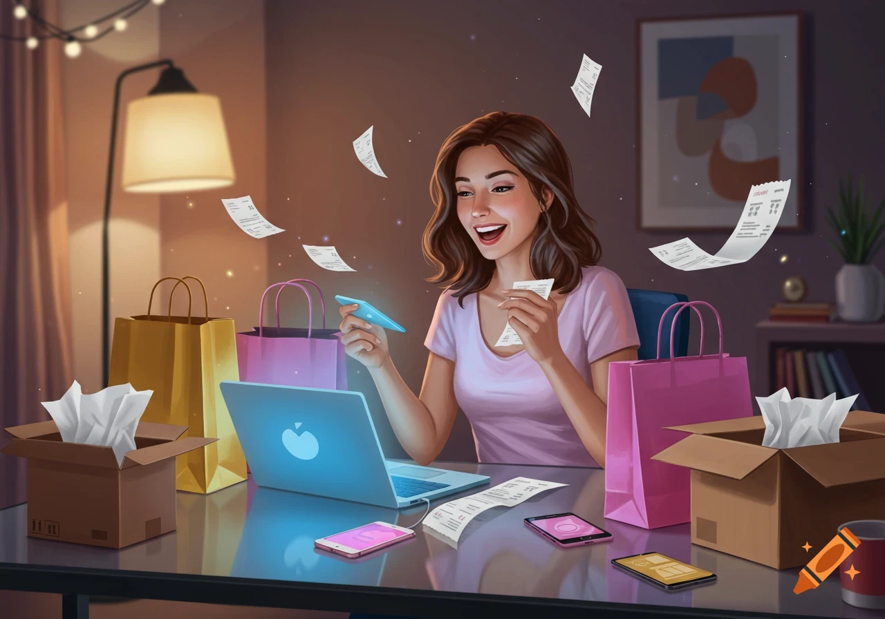 A happy woman sits at a desk with a laptop, shopping bags, and boxes, holding a receipt and looking at more receipts floating in the air. The scene is illuminated by glowing lights and a lamp, giving a warm, vibrant feel.