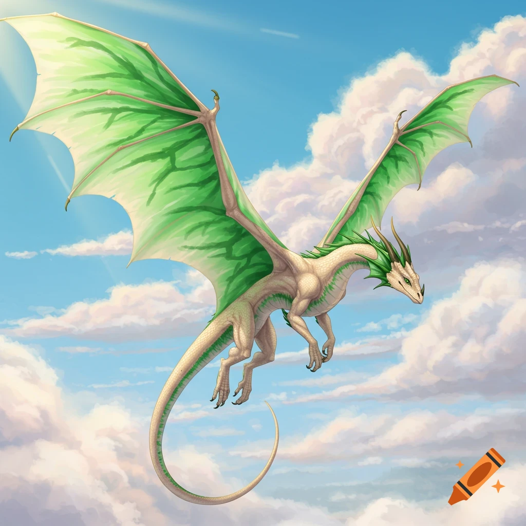 A pale sand-colored dragon with green wings and accents soars through a bright blue sky with white clouds.