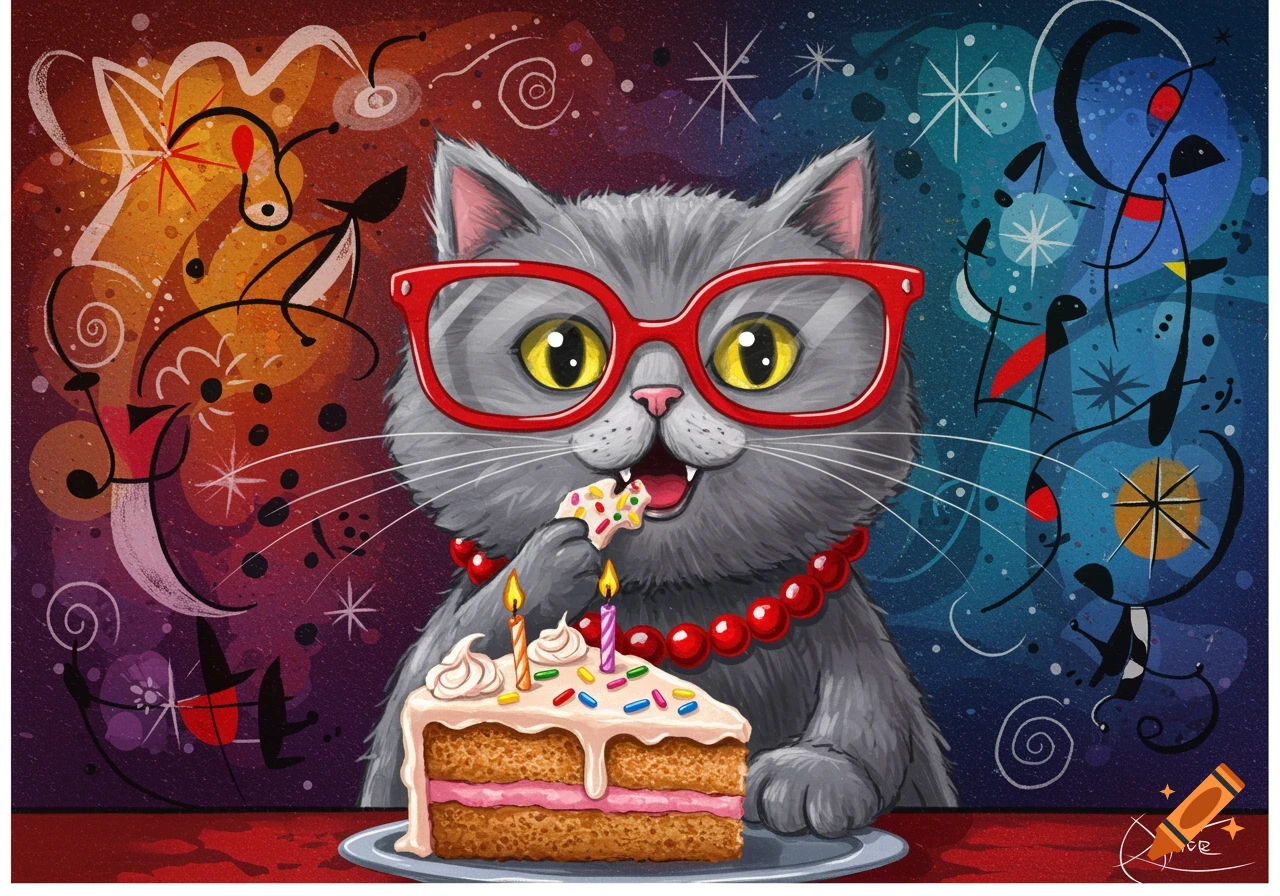 A grey cat with red glasses and a red beaded necklace eats a slice of birthday cake with sprinkles and candles, against an abstract background.