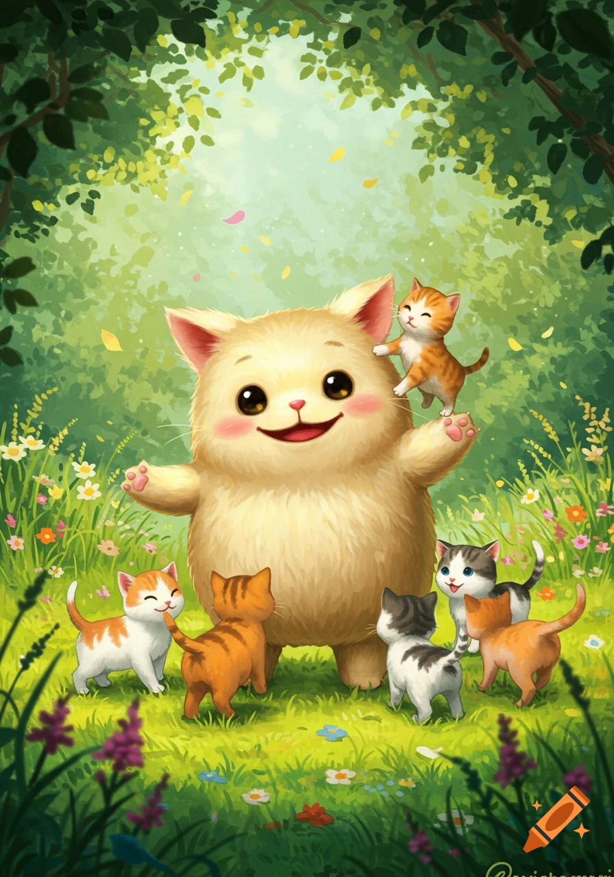 A whimsical illustration of a large, fluffy cat surrounded by small kittens in a vibrant green forest clearing with colorful flowers.