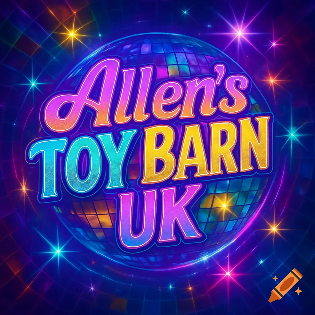 A vibrant retro neon logo for 'Allen's Toy Barn UK' set against a shimmering disco ball and sparkling stars.
