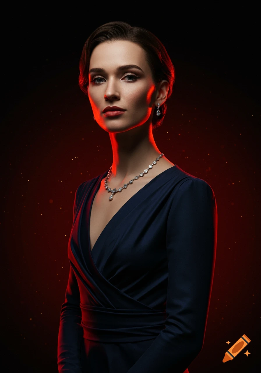 Photorealistic portrait of a woman in a navy blue formal dress with diamond jewelry, backlit by a red glow.