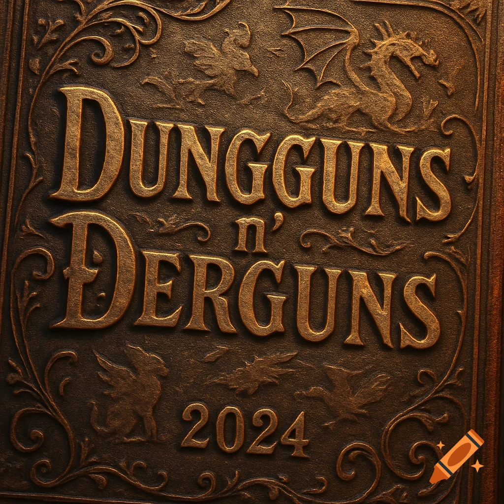 Close-up of a bronze embossed book cover titled 'DUNGGUNS n' DERGUNS 2024', featuring dragons and ornate scrollwork.