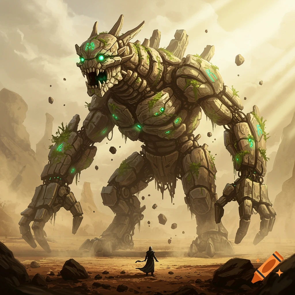 A massive stone monster with glowing green eyes and mossy growths looms over a small cloaked figure in a desolate, rocky landscape.