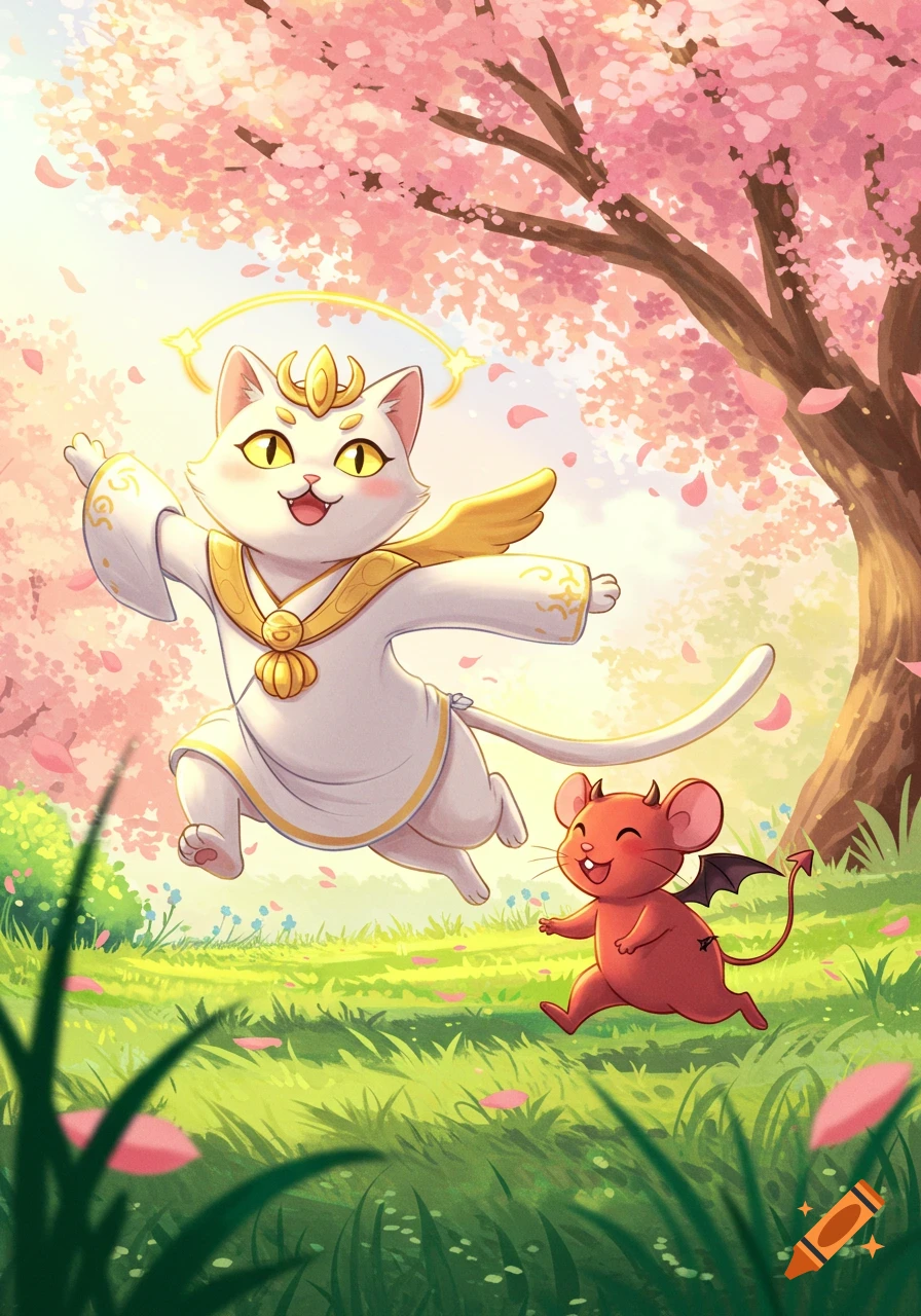 A cute anime-style white cat with a halo and golden wings chases a small red mouse with demon wings and horns through a vibrant green field under a cherry blossom tree.