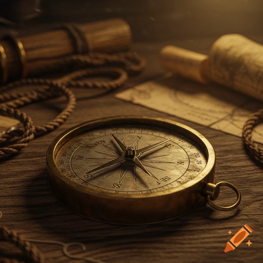 A close-up, photorealistic image of a worn brass compass on a wooden table, surrounded by ropes and rolled-up maps.
