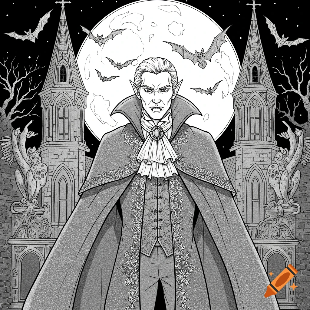 A black and white coloring page style illustration of a vampire with fangs, standing in front of a gothic castle with bats and a full moon.
