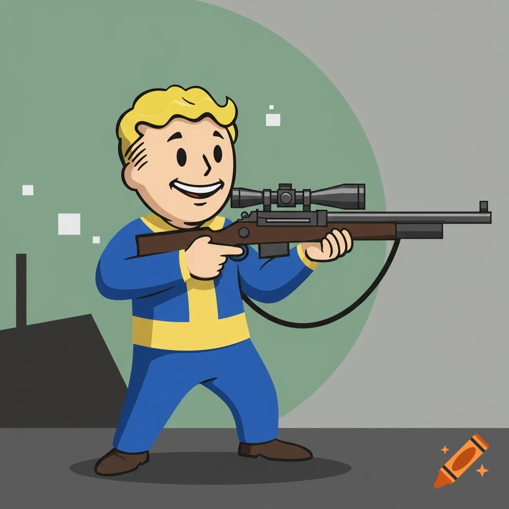 Cartoon character Vault Boy in a blue and yellow suit, holding a scoped rifle.