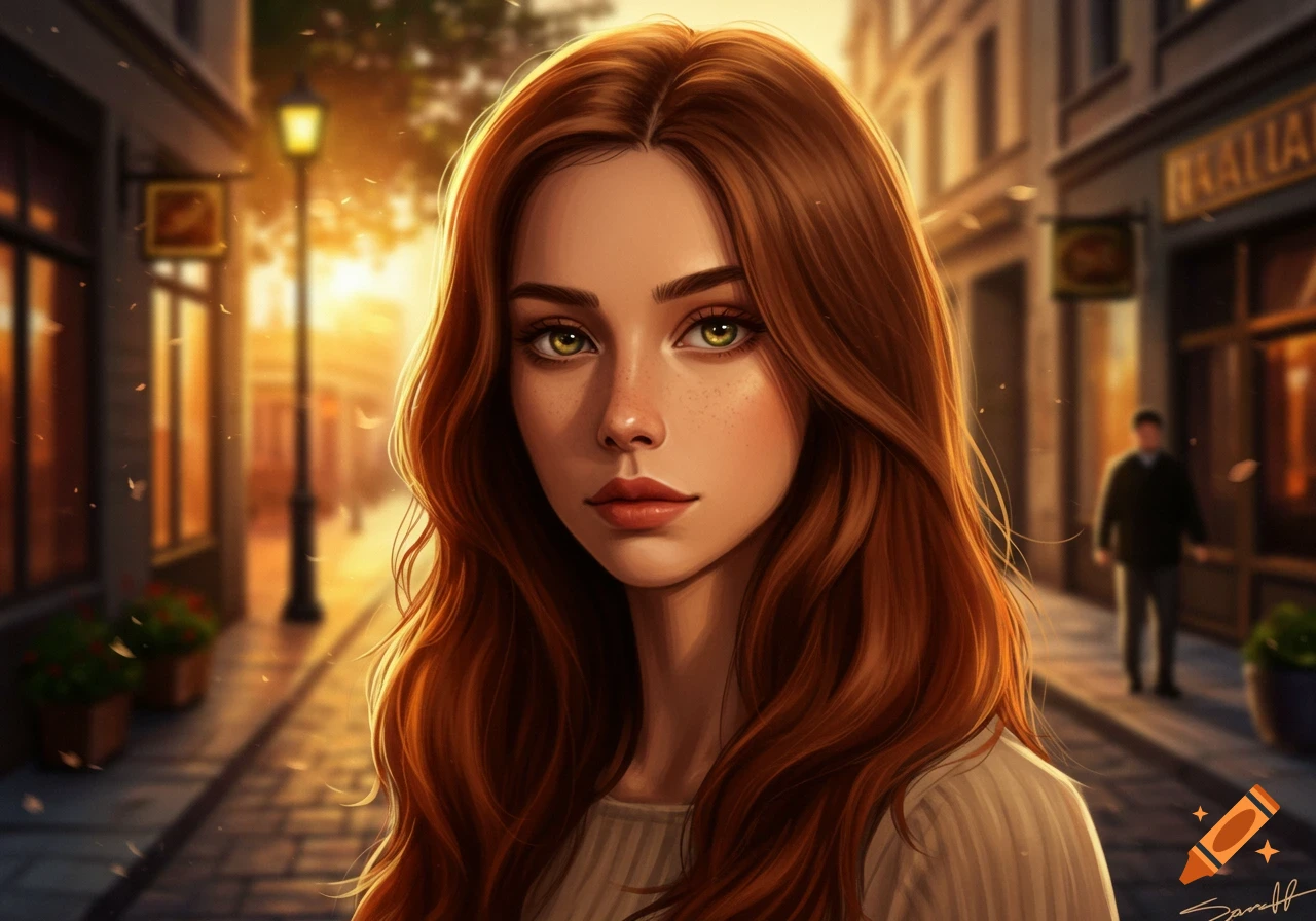 Close-up digital painting of a woman with long wavy auburn hair and green eyes, looking forward. She is in a bustling city street at sunset, with warm golden light and blurry buildings in the background.