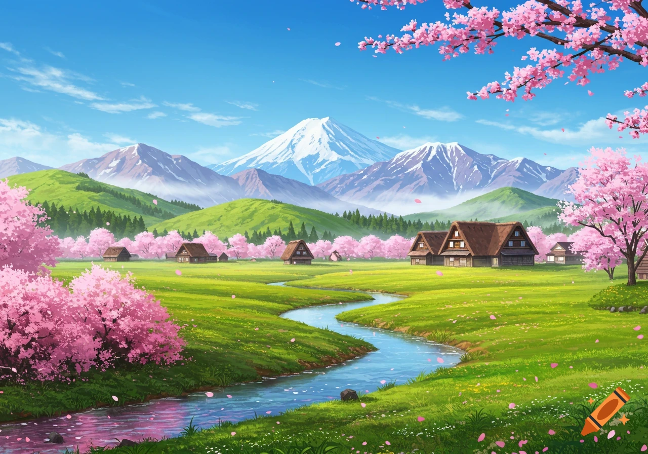 Anime landscape of a Japanese village with traditional houses, a winding river, cherry blossom trees, and snow-capped mountains.