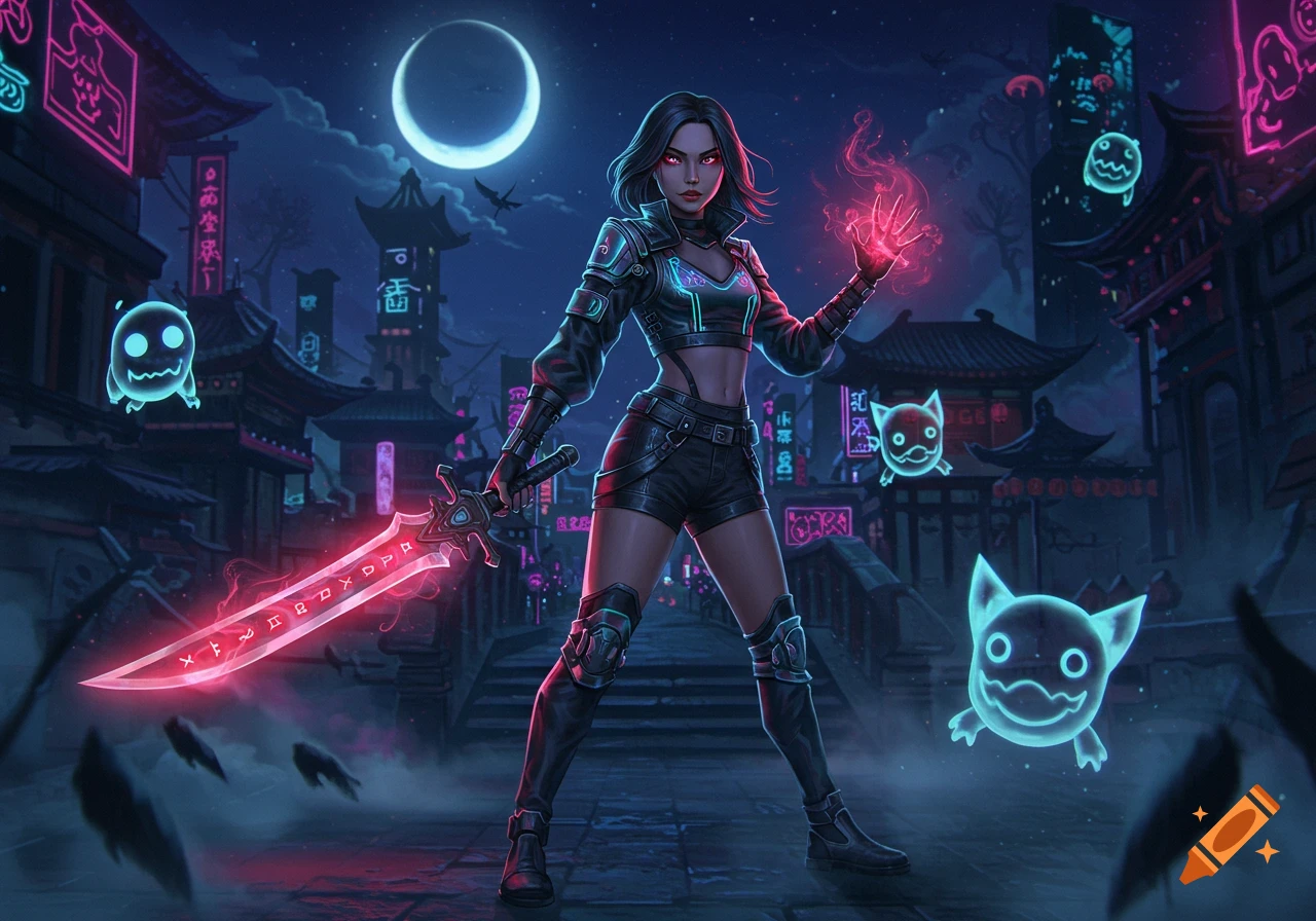 A female character with glowing eyes, a neon sword, and magic stands in a futuristic, neon-lit Asian city at night.