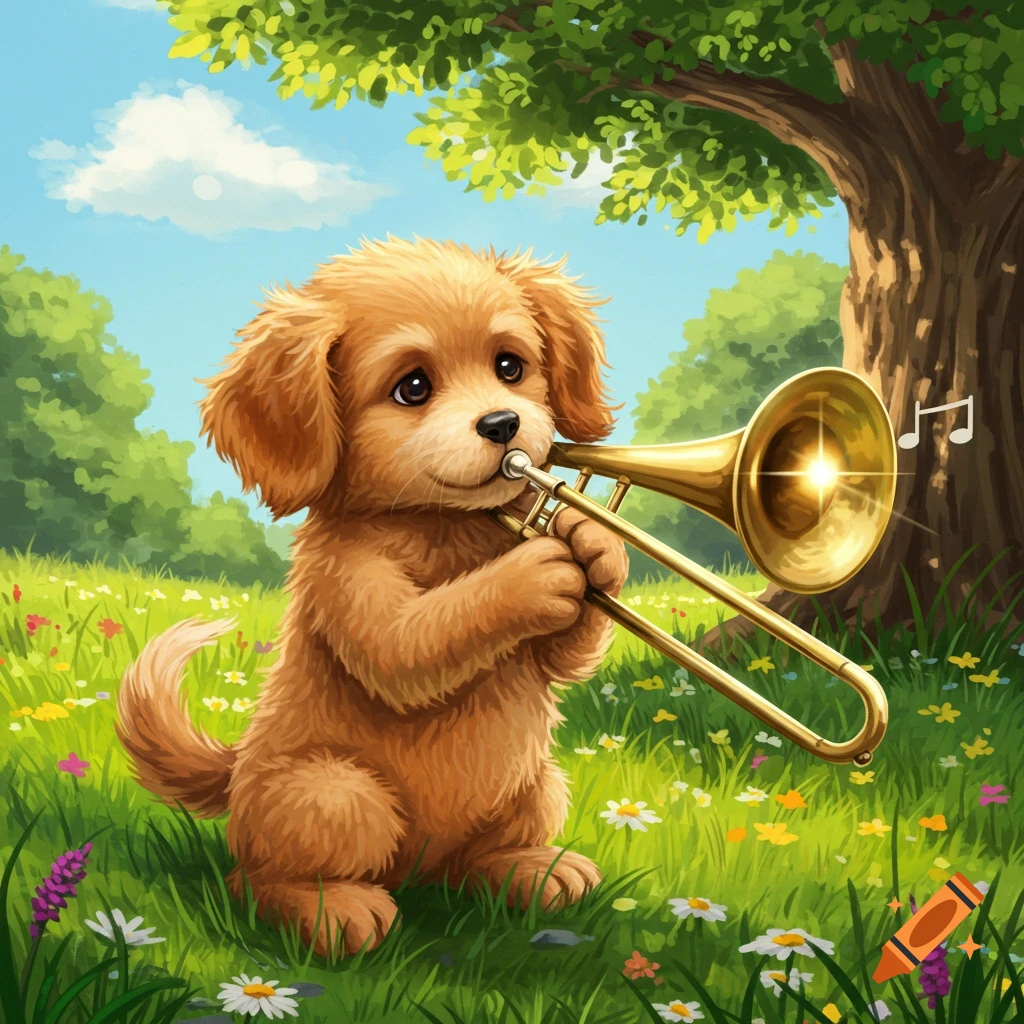 A cute brown puppy sits in a green field filled with flowers, playing a golden trombone.