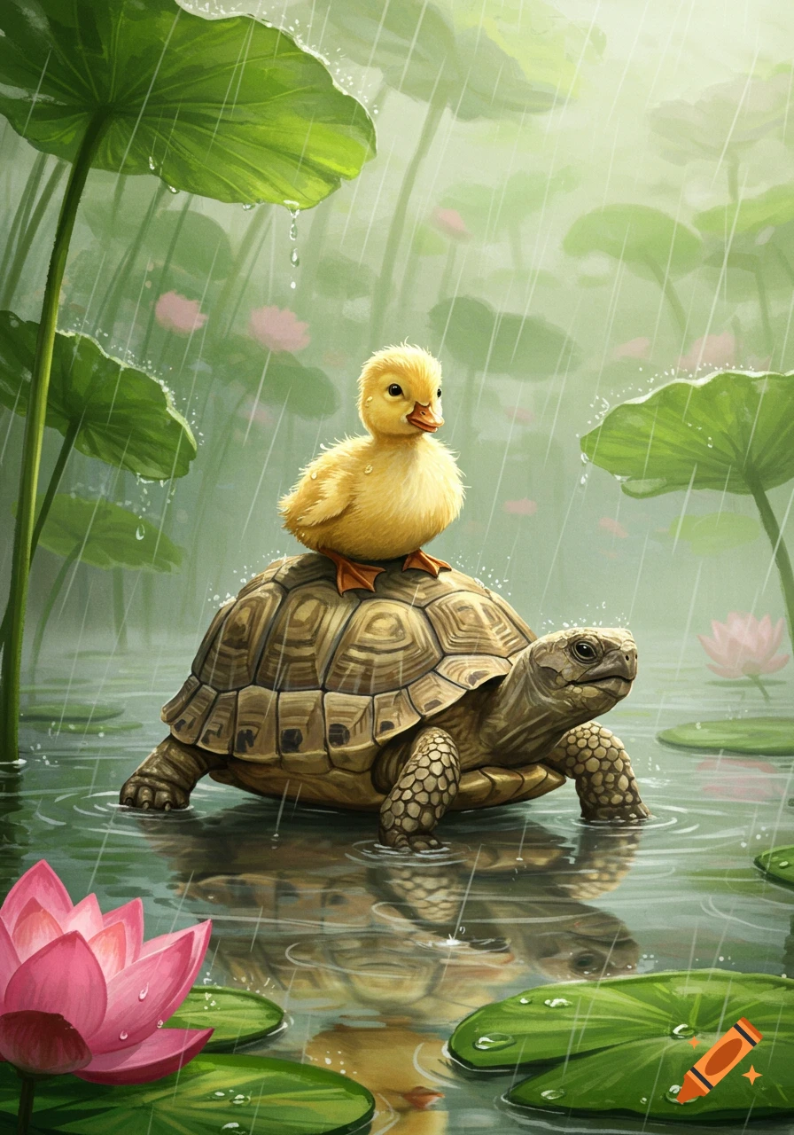 An illustration of a fluffy baby duck riding on a tortoise in a rainy lotus pond with lily pads and pink flowers.