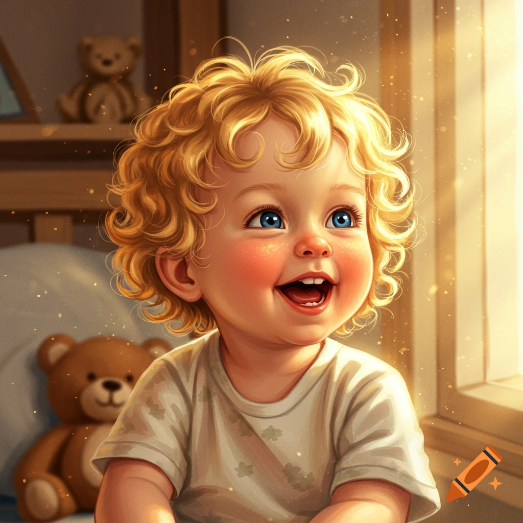 Close-up of a happy, curly blond-haired toddler with bright blue eyes, laughing and looking up in a sunlit room.