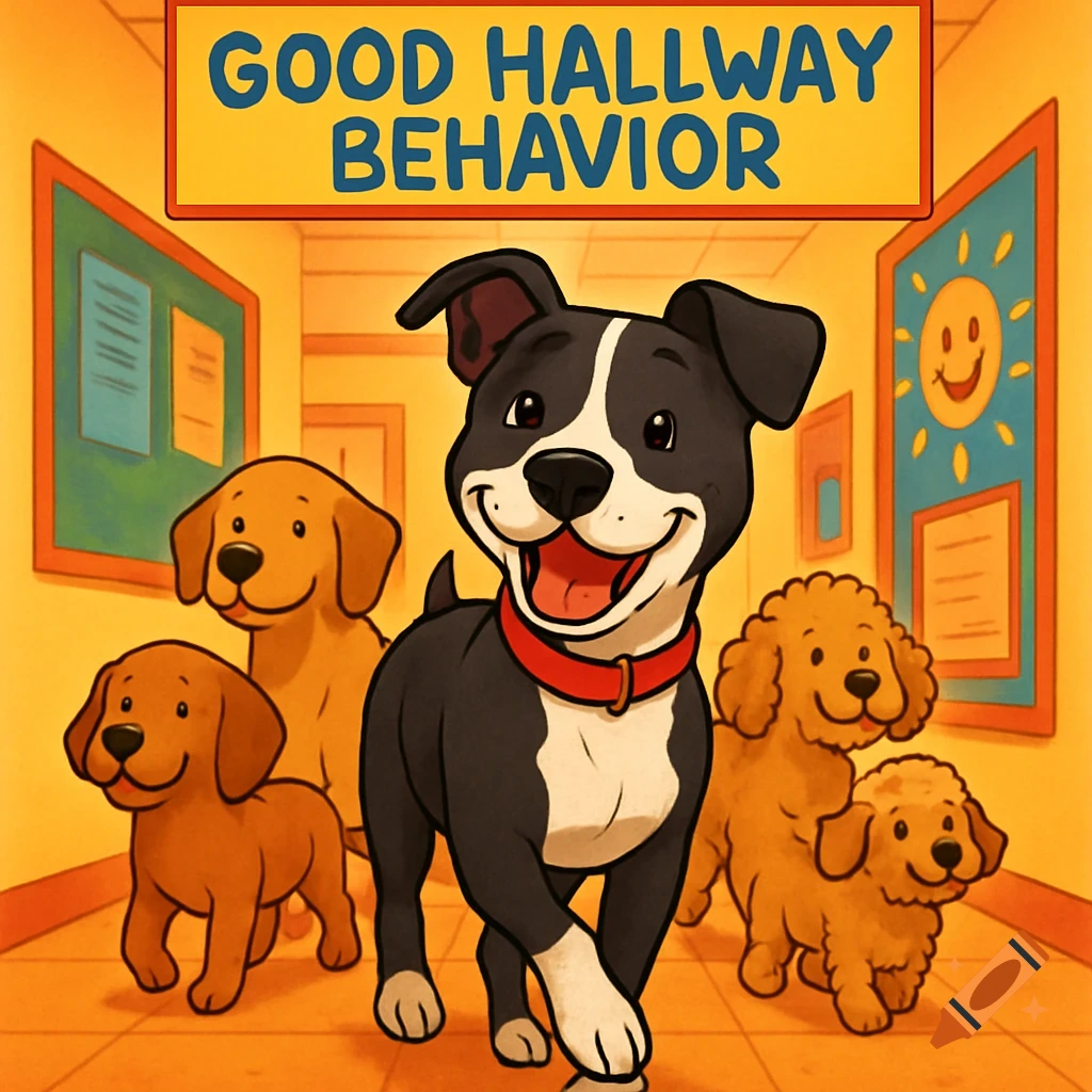 A cheerful cartoon illustration of five smiling dogs walking in a school hallway under a sign that reads 'GOOD HALLWAY BEHAVIOR'.
