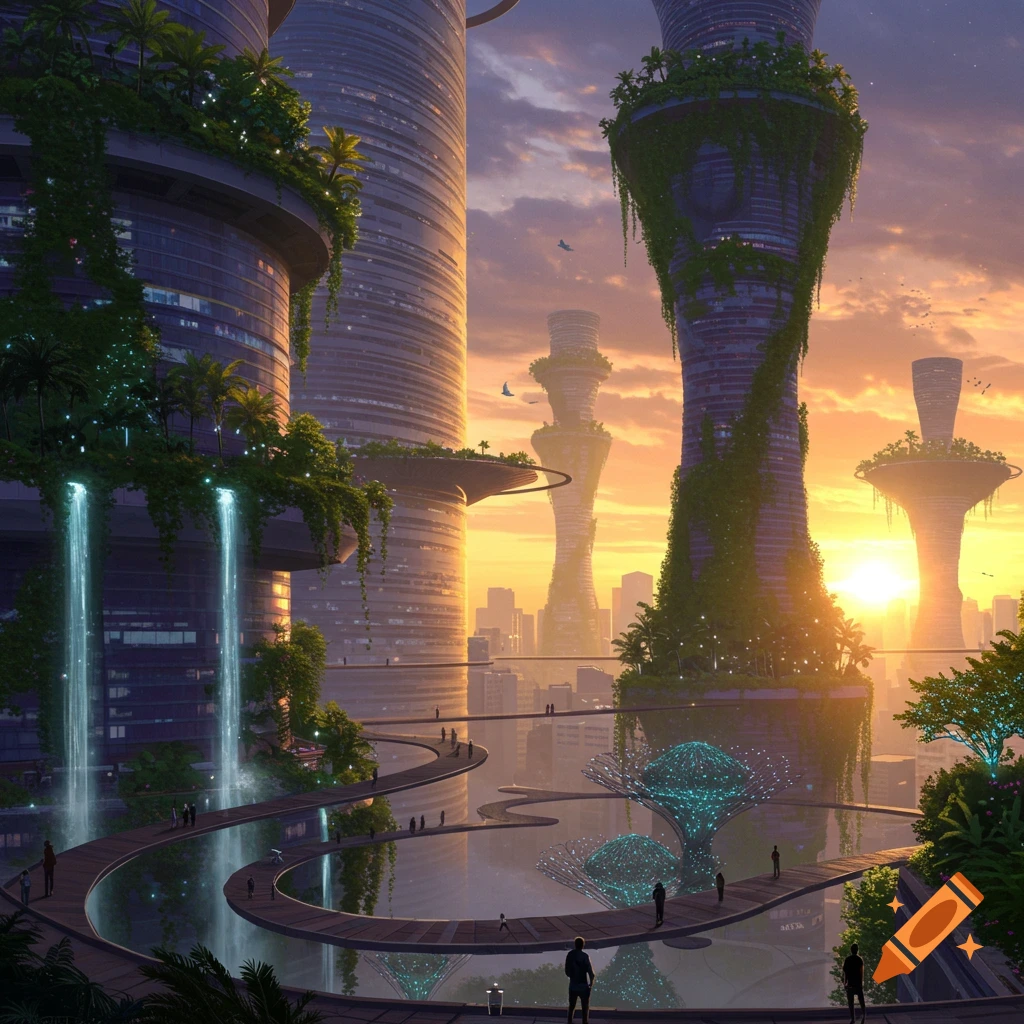Futuristic city with towering skyscrapers overgrown with lush greenery and waterfalls, glowing walkways over water, and bioluminescent elements at sunset.