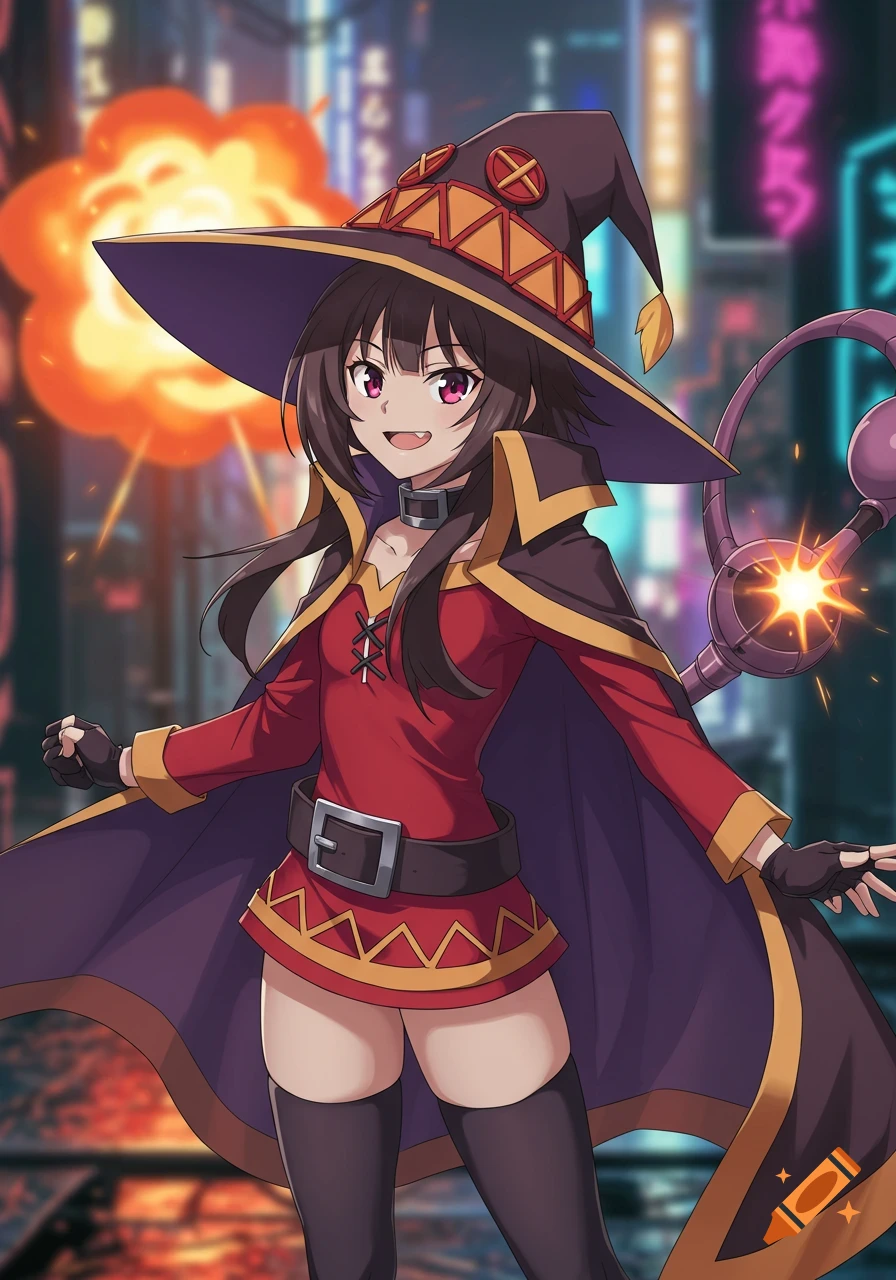 An anime girl in a red and purple witch costume, with a large hat, smiles confidently with an explosion in the background and city lights.