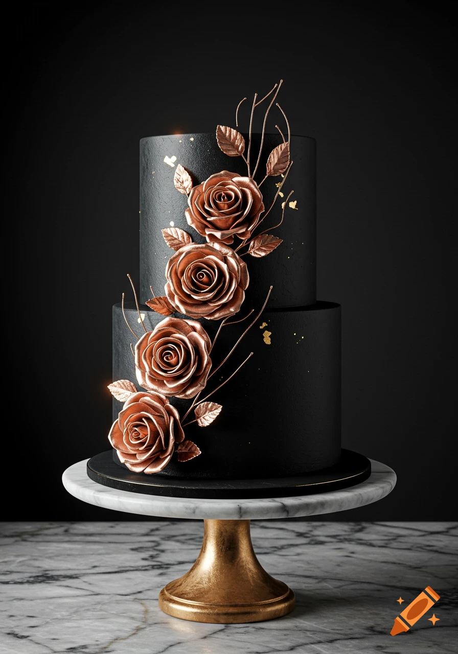 A two-tier black cake decorated with intricate rose gold roses and gold speckles, sitting on a marble stand.