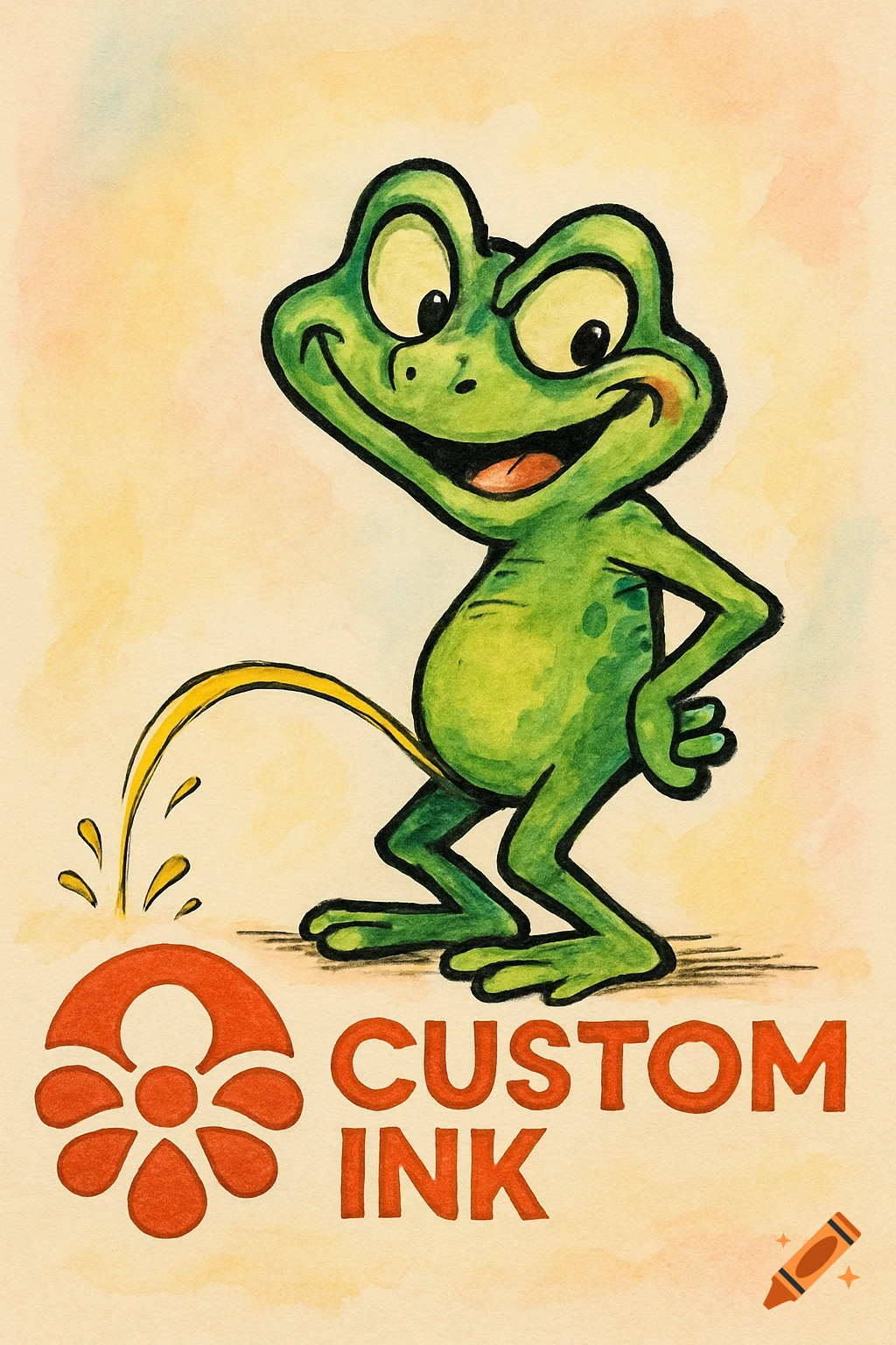 A watercolor illustration of a smiling green cartoon frog peeing on a red flower logo and the words 'CUSTOM INK'.