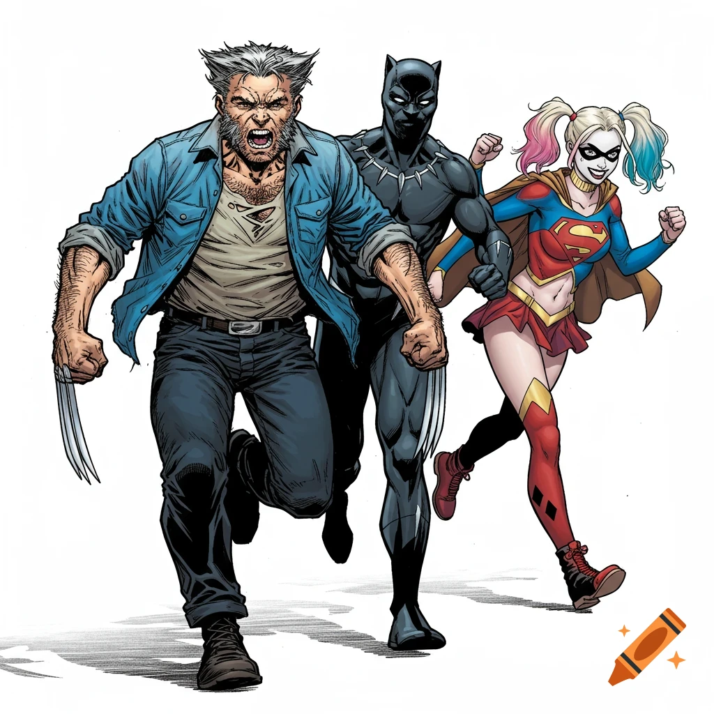 Comic book art of Wolverine, Black Panther, and Harley Quinn (as Supergirl) running in a line on a white background.
