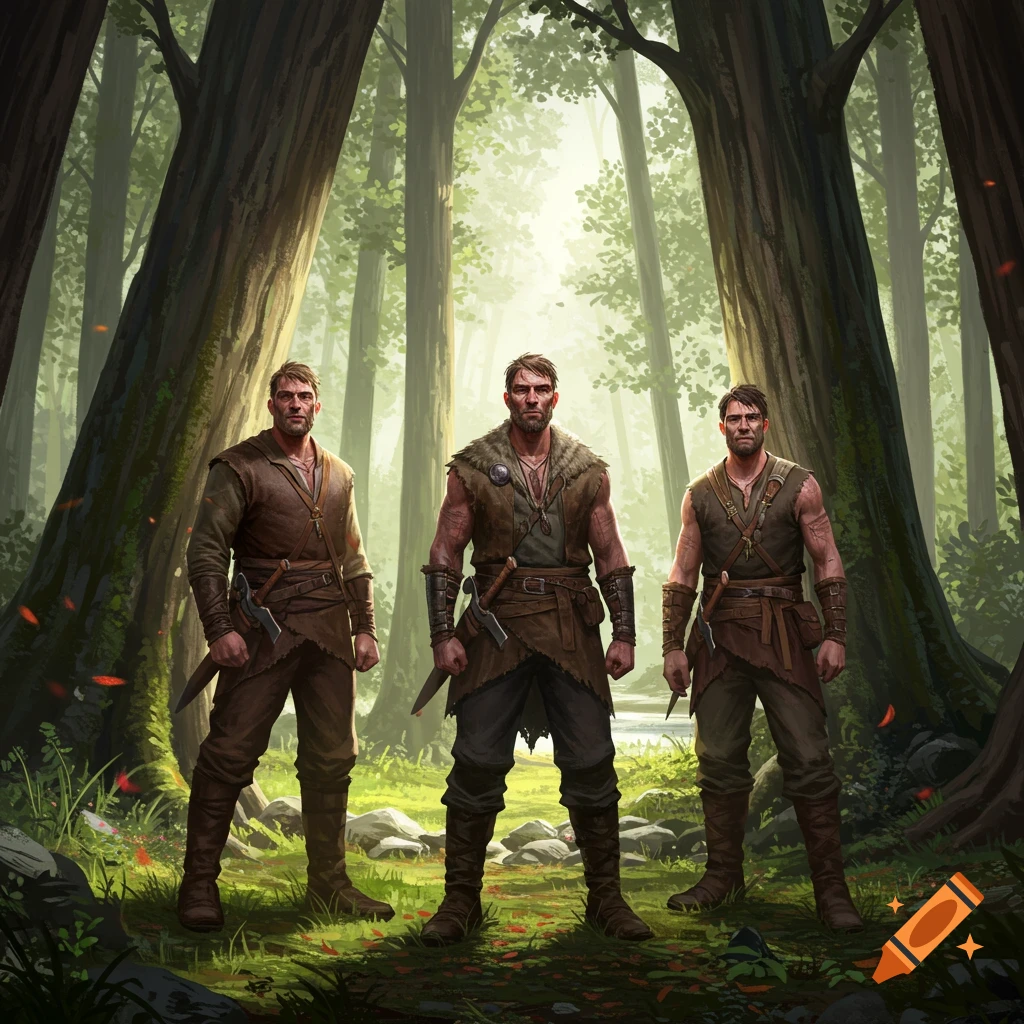 Three rugged men in fantasy attire stand in a sunlit forest.