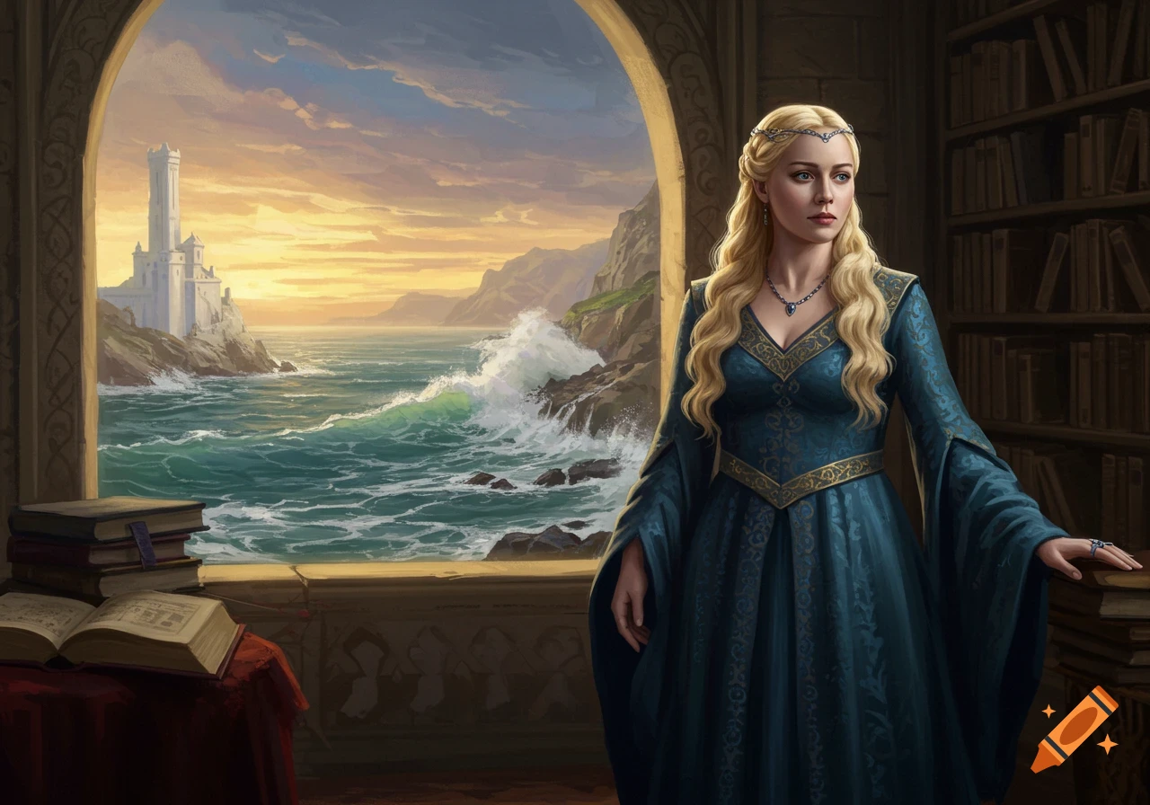 A noblewoman in a deep blue gown and circlet stands in a stone archway, gazing out at a castle on rocky cliffs overlooking a stormy sea at sunset, with bookshelves in the room.