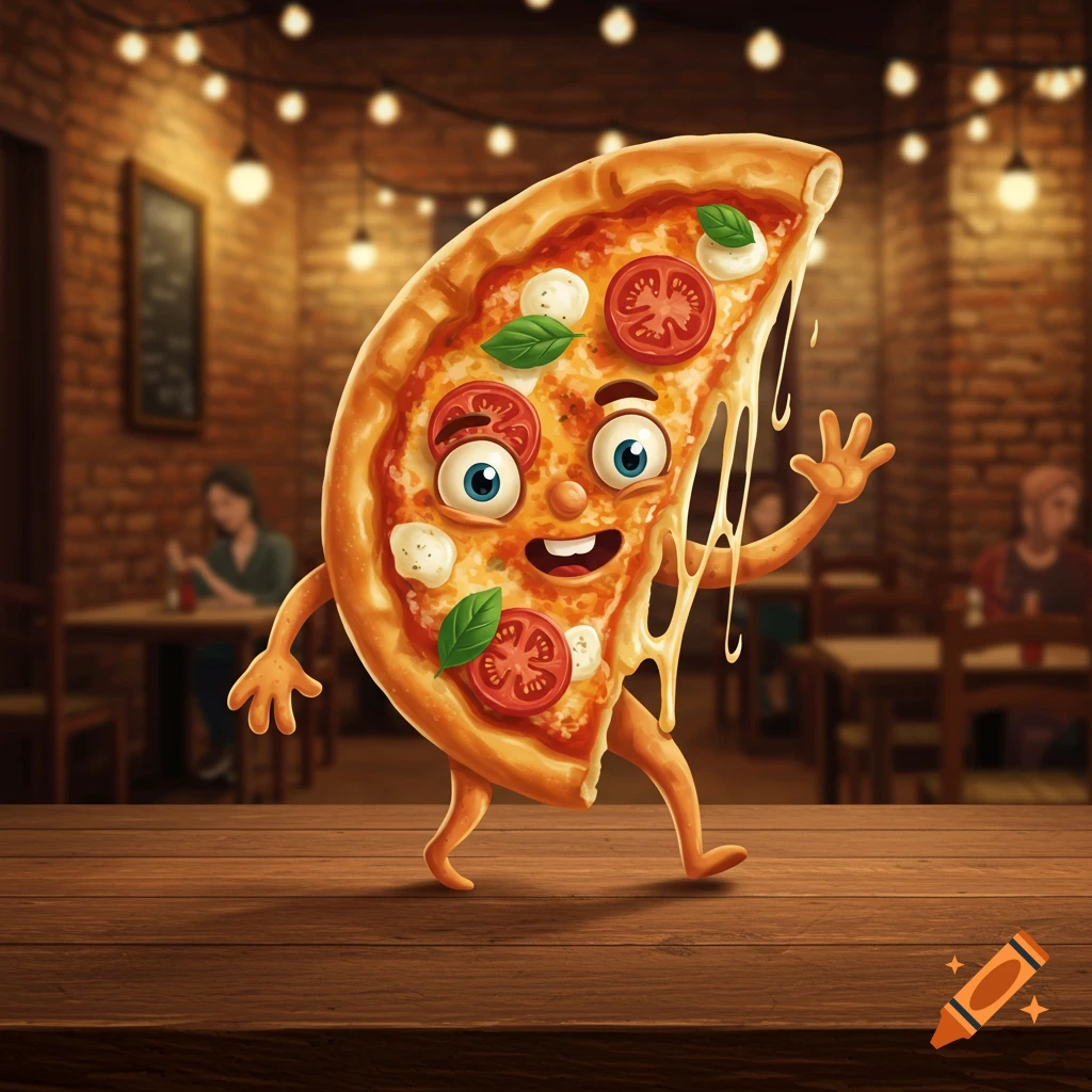 A happy cartoon pizza slice with arms and legs walks on a wooden table in a dimly lit restaurant.