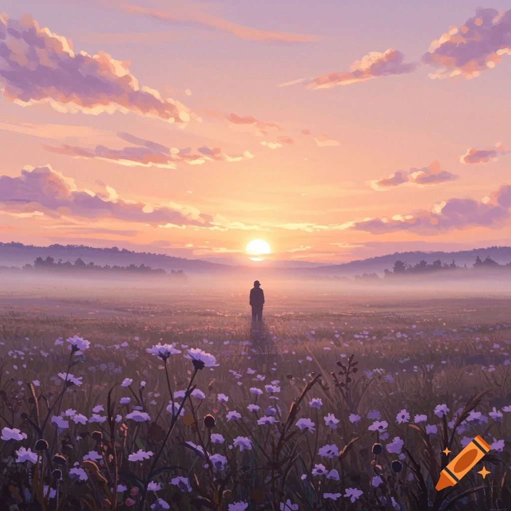 A person stands in a field of purple flowers during a vibrant sunset, in a painterly illustration style.