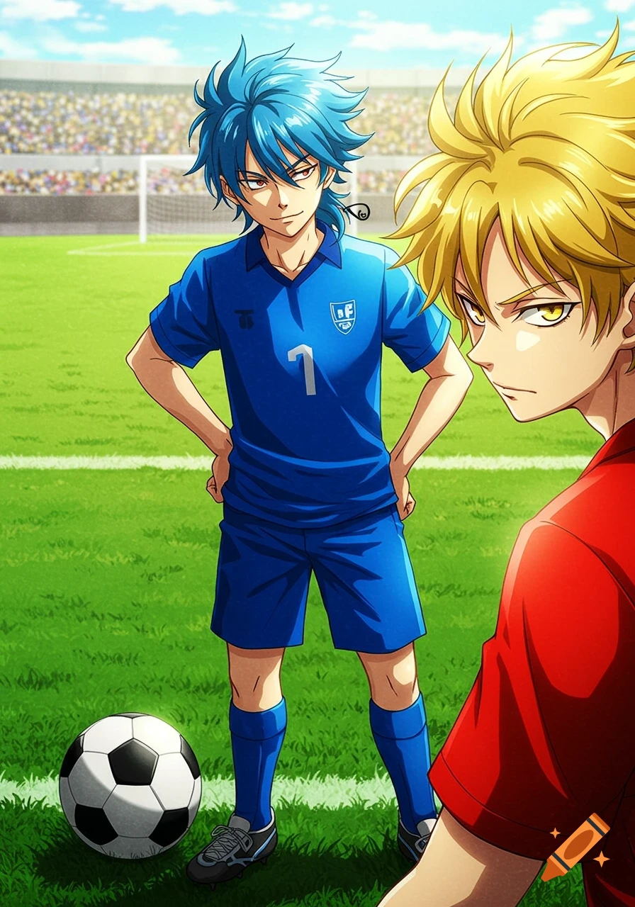 Anime boys in soccer jerseys on a green field with a soccer ball. One has blue hair and a blue jersey, the other yellow hair and a red jersey.