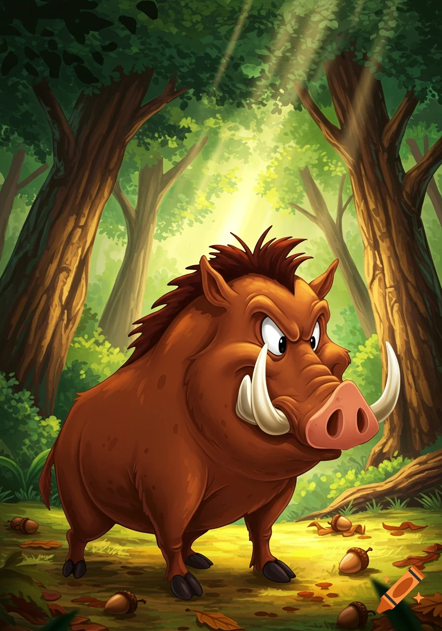 A cartoon wild boar with large tusks stands in a sunny forest, surrounded by trees and fallen acorns.