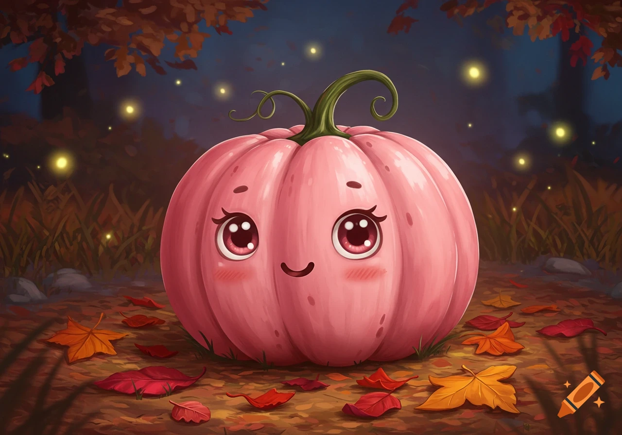 A cute pink cartoon pumpkin with large eyes smiles on a forest floor covered in autumn leaves, with glowing fireflies in the background.