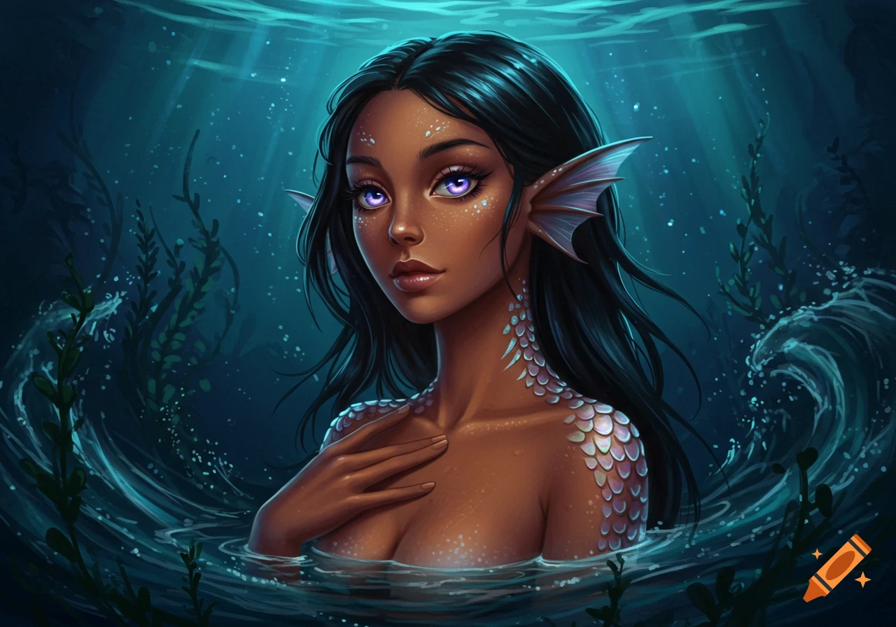 A beautiful dark-skinned mermaid with purple eyes and fin ears rises from the dark blue water, surrounded by seaweed.