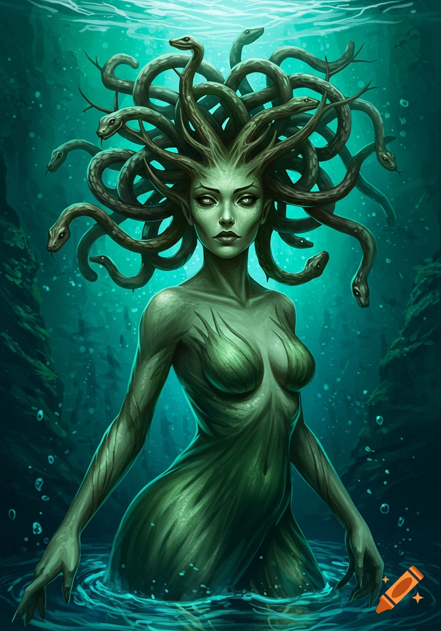 A fantasy illustration of a Medusa-like woman with snake-hair, emerging from dark teal water.