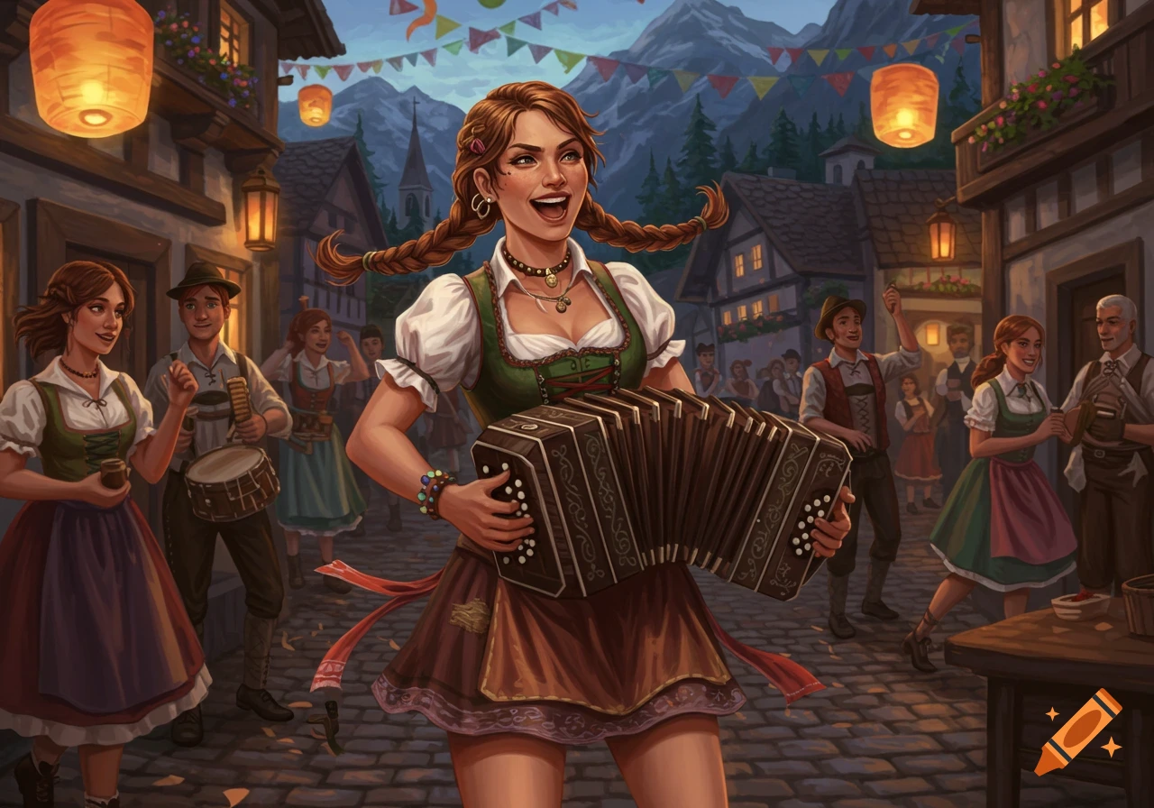 A vibrant illustration of a woman in a dirndl playing an accordion during a festive village celebration at dusk.