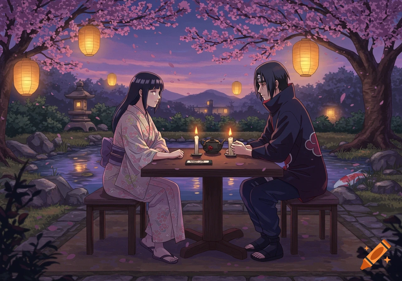 Anime characters Hinata and Itachi have a romantic dinner outdoors under cherry blossoms and lanterns at dusk, by a pond.