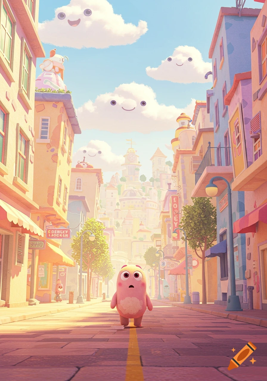 A pink cartoon creature walks down a colorful street in a whimsical city with smiling clouds, in Pixar animation style.