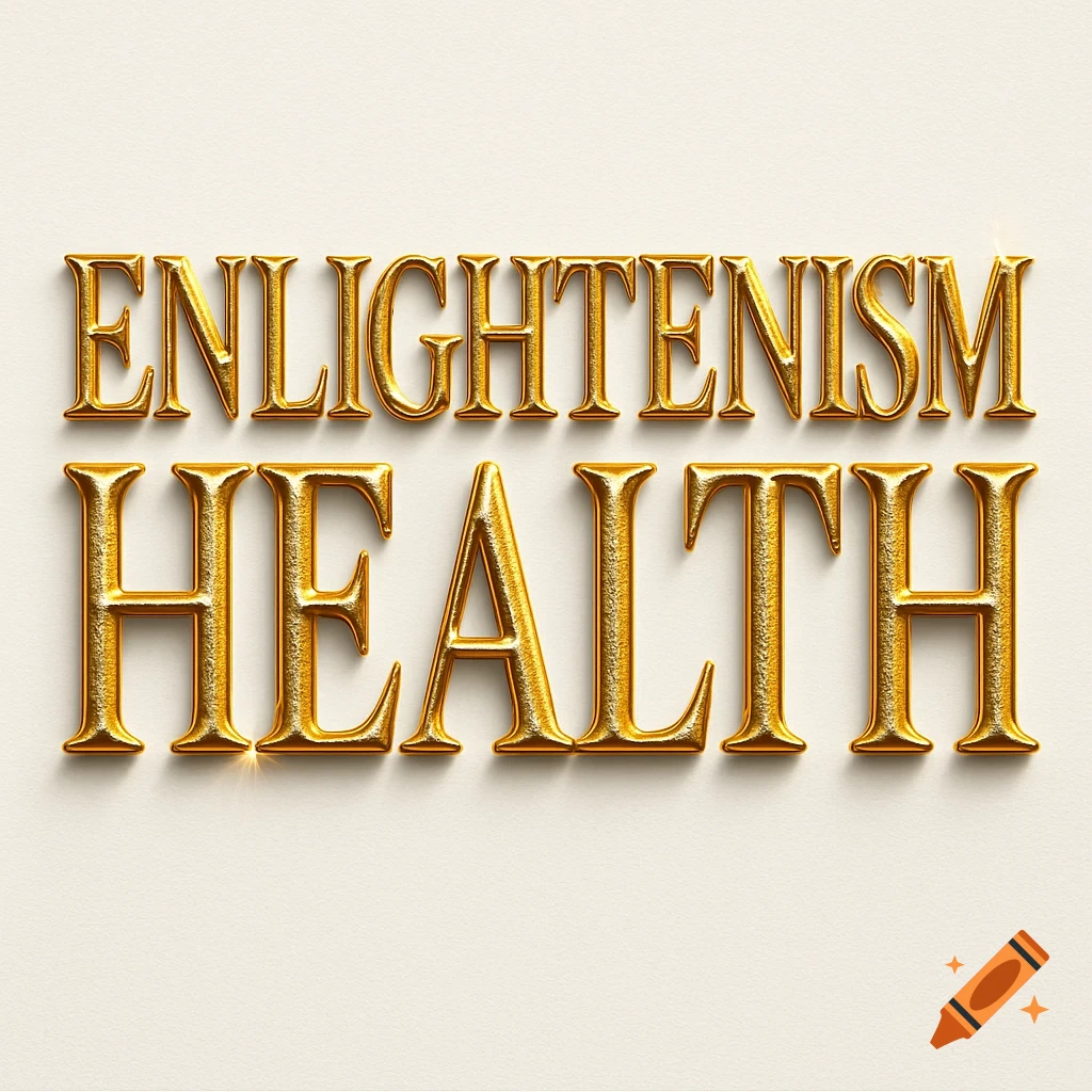 Gold 3D text spelling 'ENLIGHTENISM HEALTH' with a sparkling metallic finish on a light background.