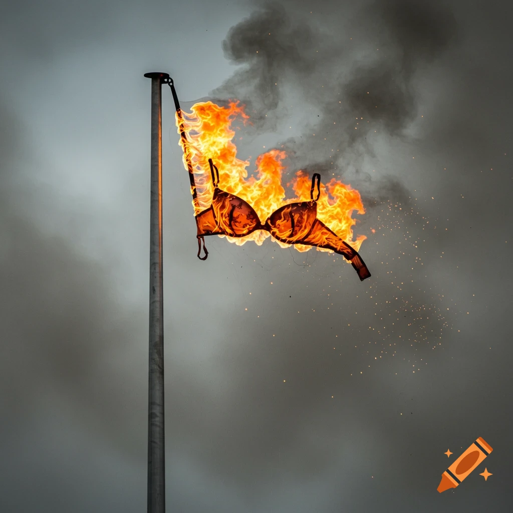 A bra on a flagpole is engulfed in bright orange flames, with dark smoke rising against a cloudy grey sky.