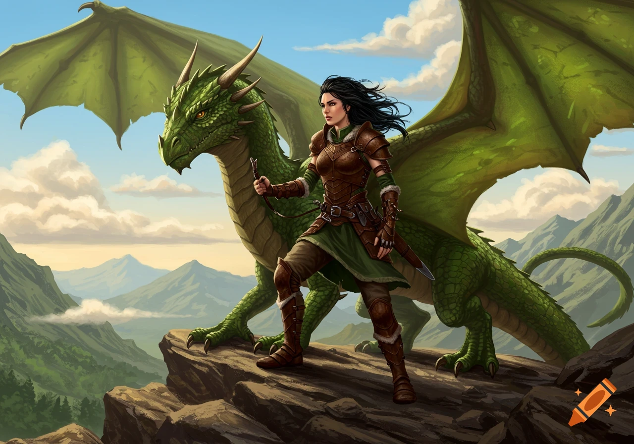 A woman in leather armor stands with a green dragon on a mountain overlooking a valley.