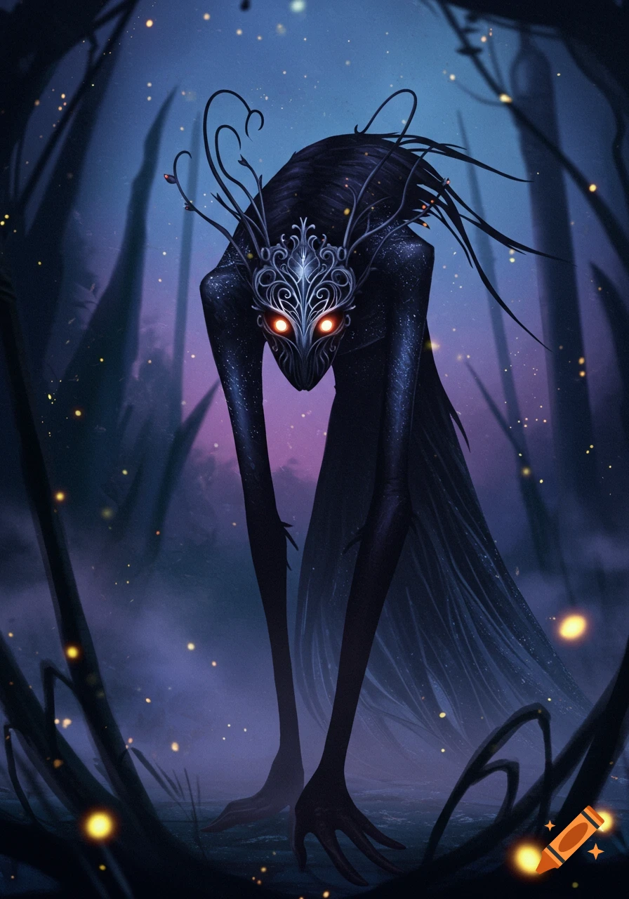 A tall, slender dark creature with glowing red eyes and an ornate silver mask stands in a misty, dark forest with fireflies.