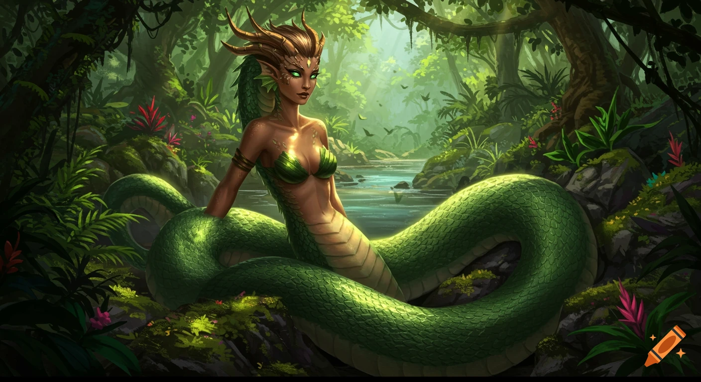 A beautiful female Naga with green eyes and brown skin, her lower half a large green snake, in a lush jungle.