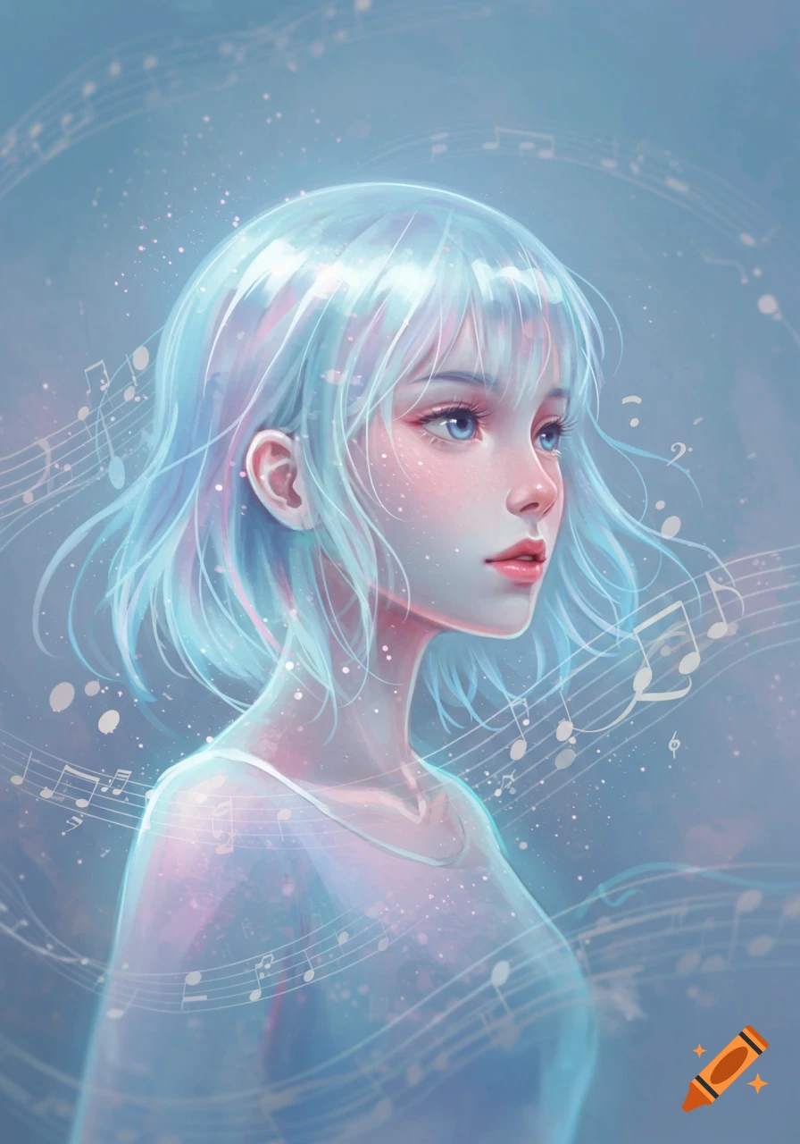 A dreamy anime portrait of a girl with light blue hair and blue eyes, surrounded by floating musical notes.