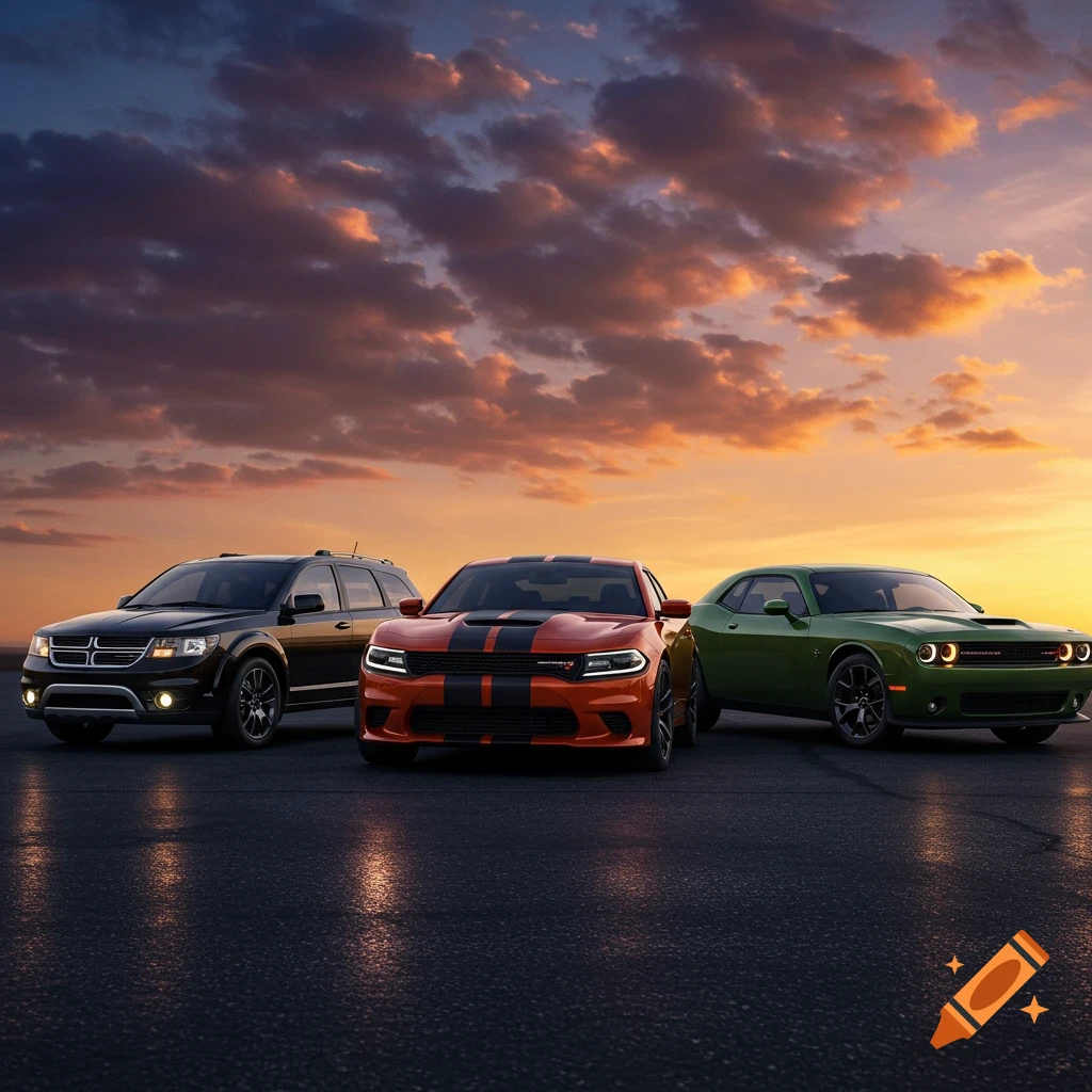 A black Dodge Journey, an orange Dodge Charger Hellcat, and a dark green Dodge Challenger parked side by side on an asphalt road at sunset.