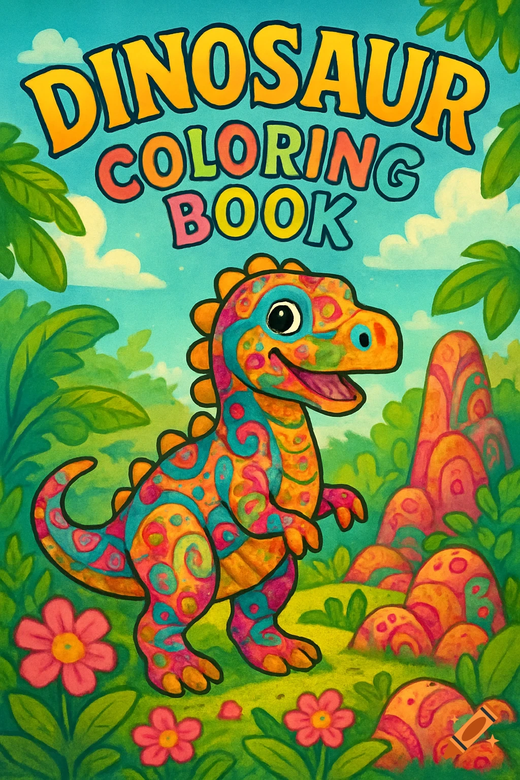 Colorful, cartoon-style cover of a dinosaur coloring book with a friendly, patterned dinosaur in a vibrant jungle setting.