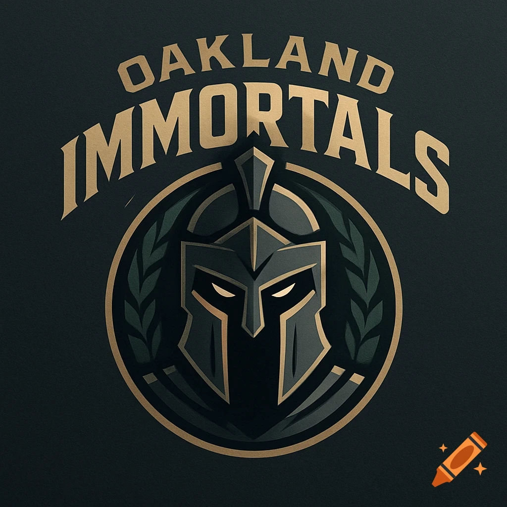A dark stylized logo with a Spartan helmet in a circular design. Text reads 'OAKLAND IMMORTALS' in gold.